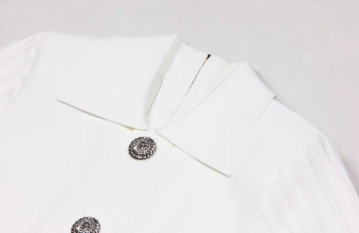 Pleated Mini Dress with Crystal Button Front