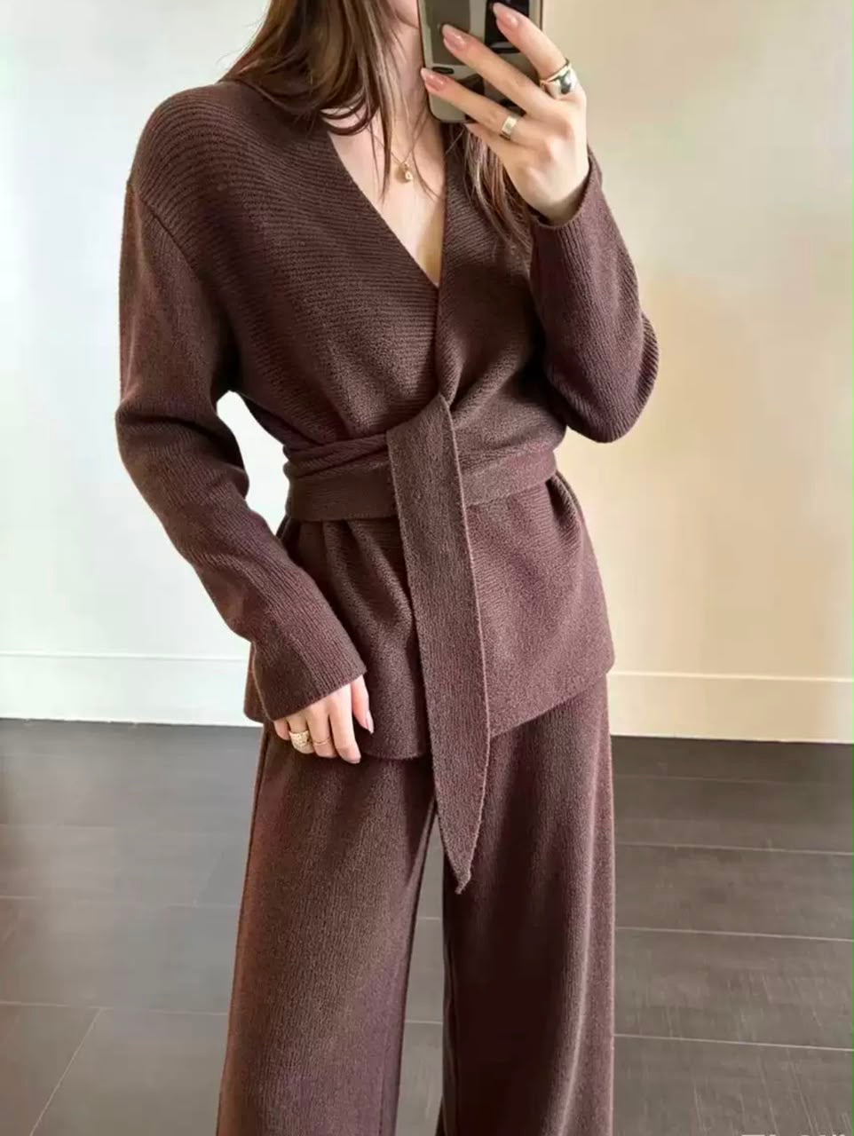 Belted Wrap Knit Top & Wide-Leg Pants Set