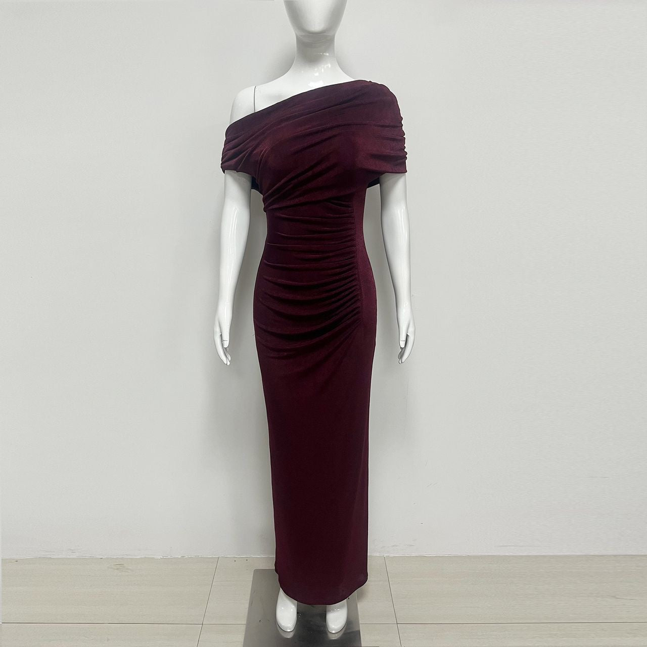 Burgundy Draped One-Shoulder Sculpt Gown