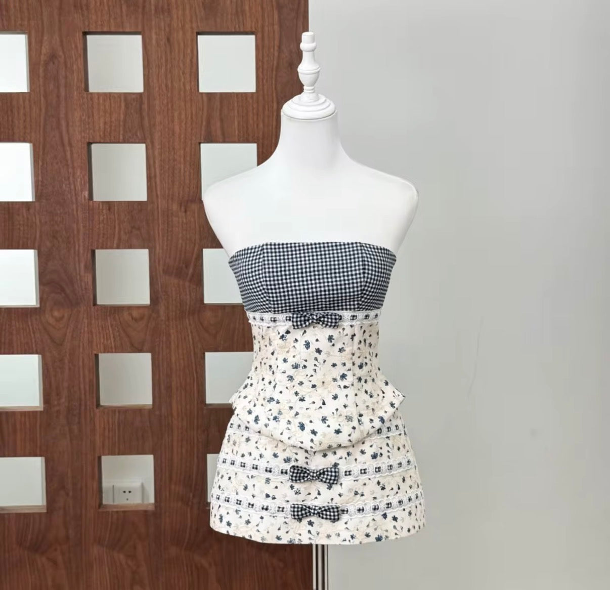 Gingham Corset Floral Mini Dress with Bow Details