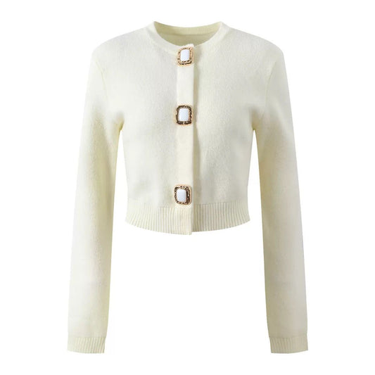 Pearl-Button Cropped Knit Cardigan