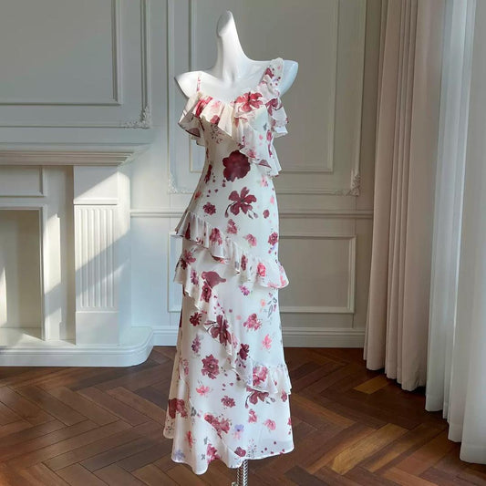 White & Red Floral Ruffle Maxi Dress