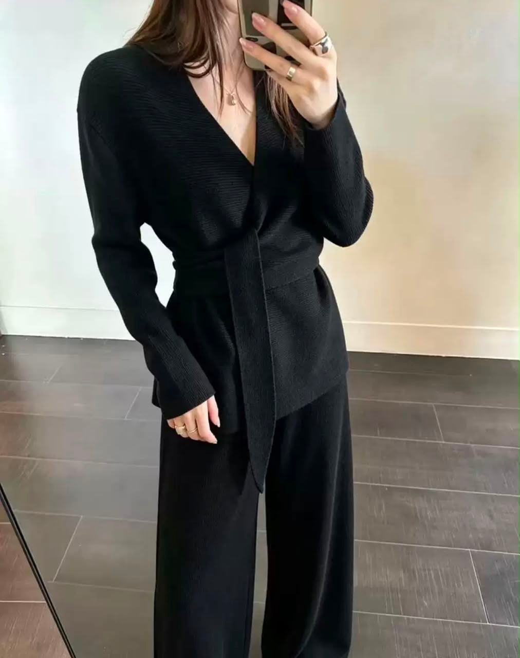 Belted Wrap Knit Top & Wide-Leg Pants Set