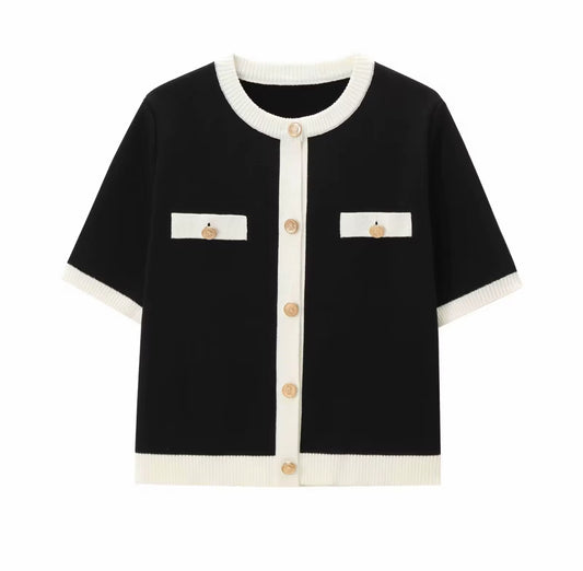 Short-Sleeve Knit Cardigan with Contrast Trim and Gold Buttons