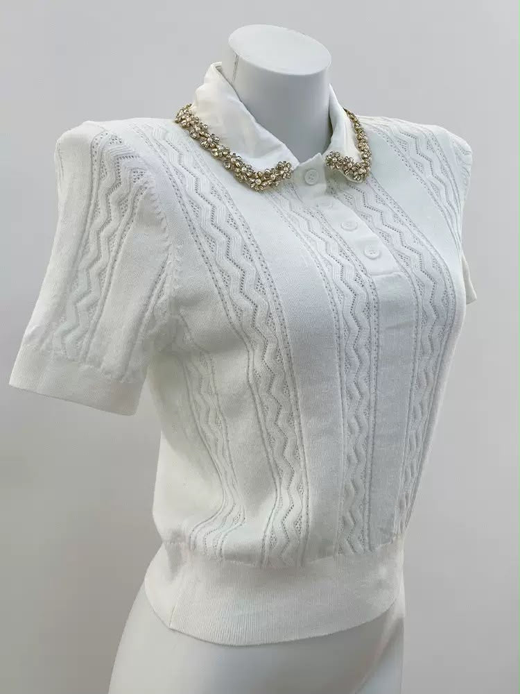 Pearl Collar Knit Top