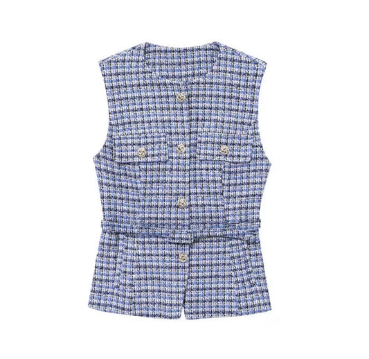 Textured Buttoned Belted Vest