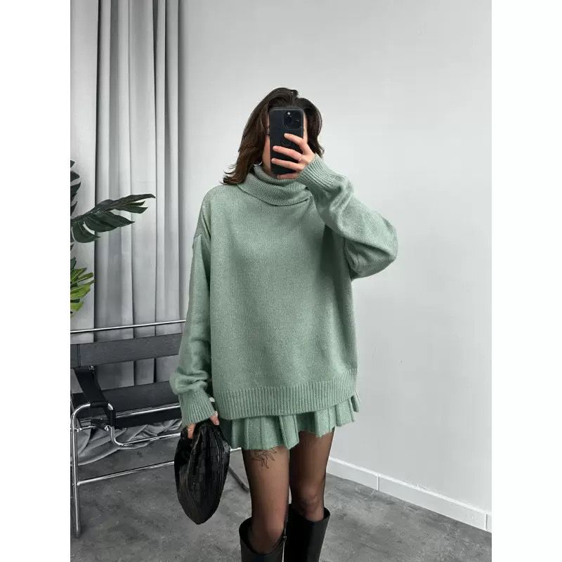 Soft Pleats Knit Turtleneck Sweater & Skirt Set