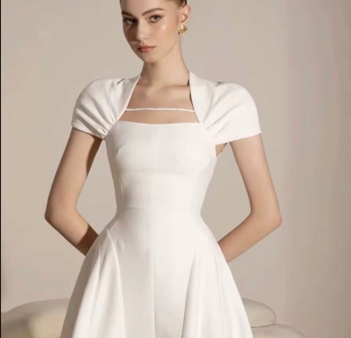 Elegant Ivory Sculpted A-Line Midi Dress with Draped Bolero Sleeves