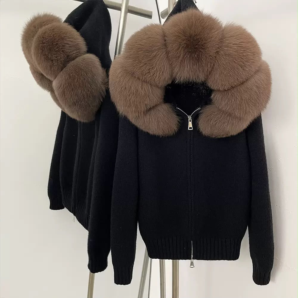 Oversized Fur Collar Knit Cardigan