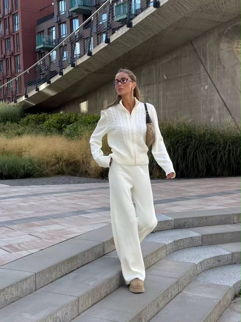 Cable Knit Zip Cardigan & Wide-Leg Pants Set