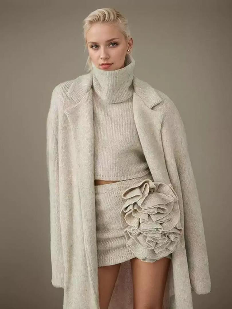 Cozy Bloom Knit Set – 3-Piece Turtleneck, Skirt & Coat