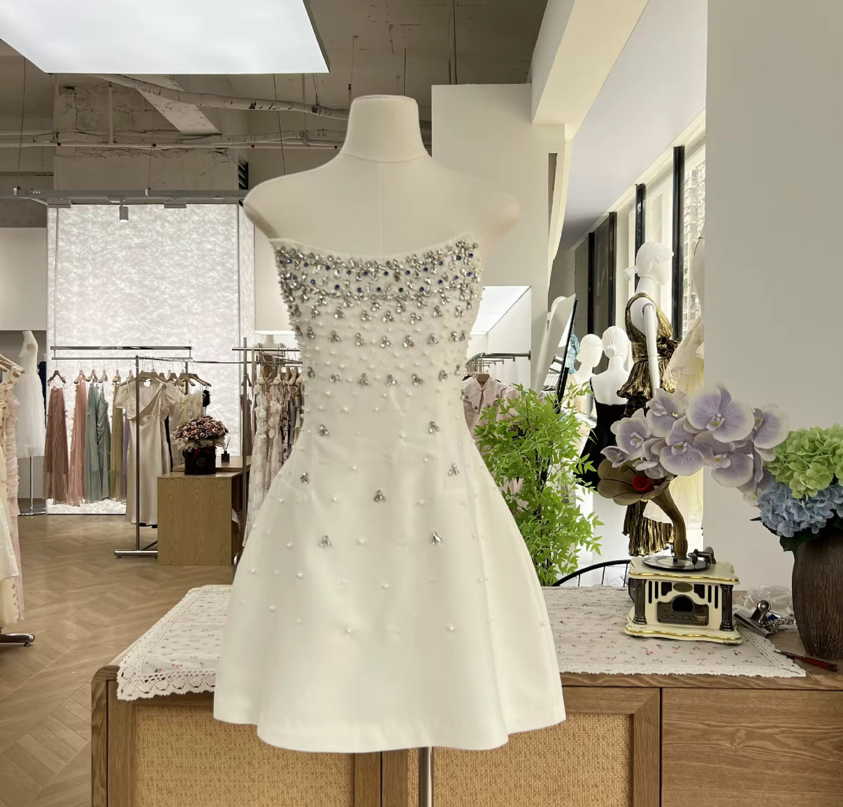 Strapless Mini Dress with Pearl and Crystal Embellishments