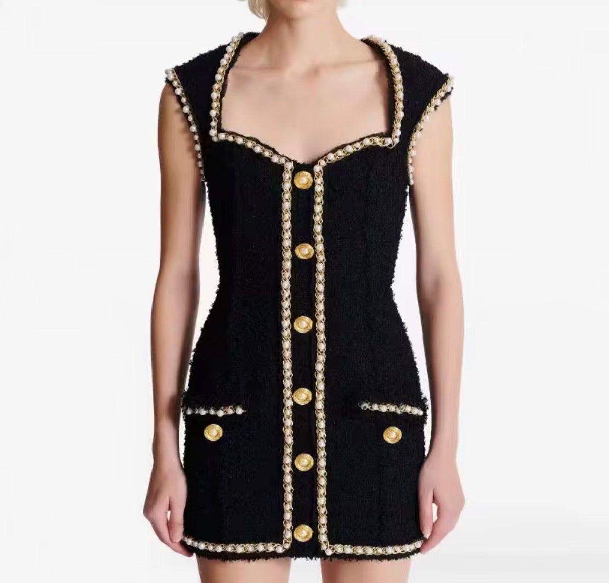 Chain Trim Tweed Mini Dress