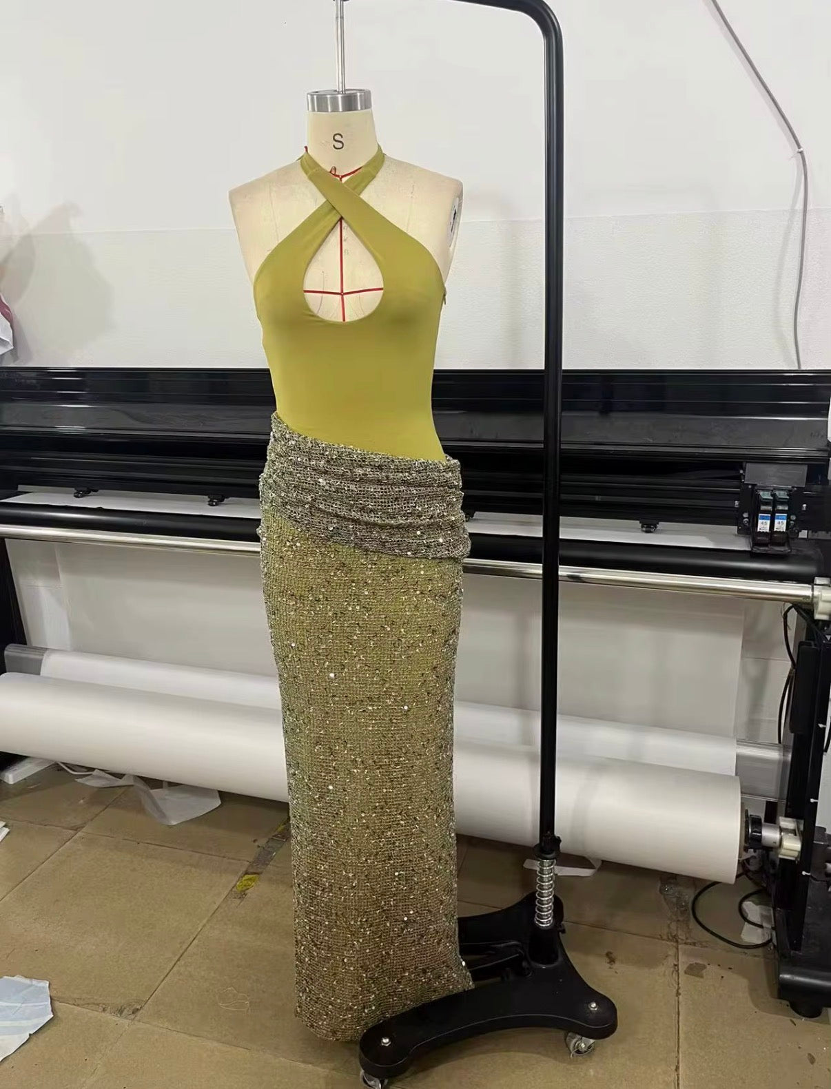 Olive Sequin Halter Maxi Dress