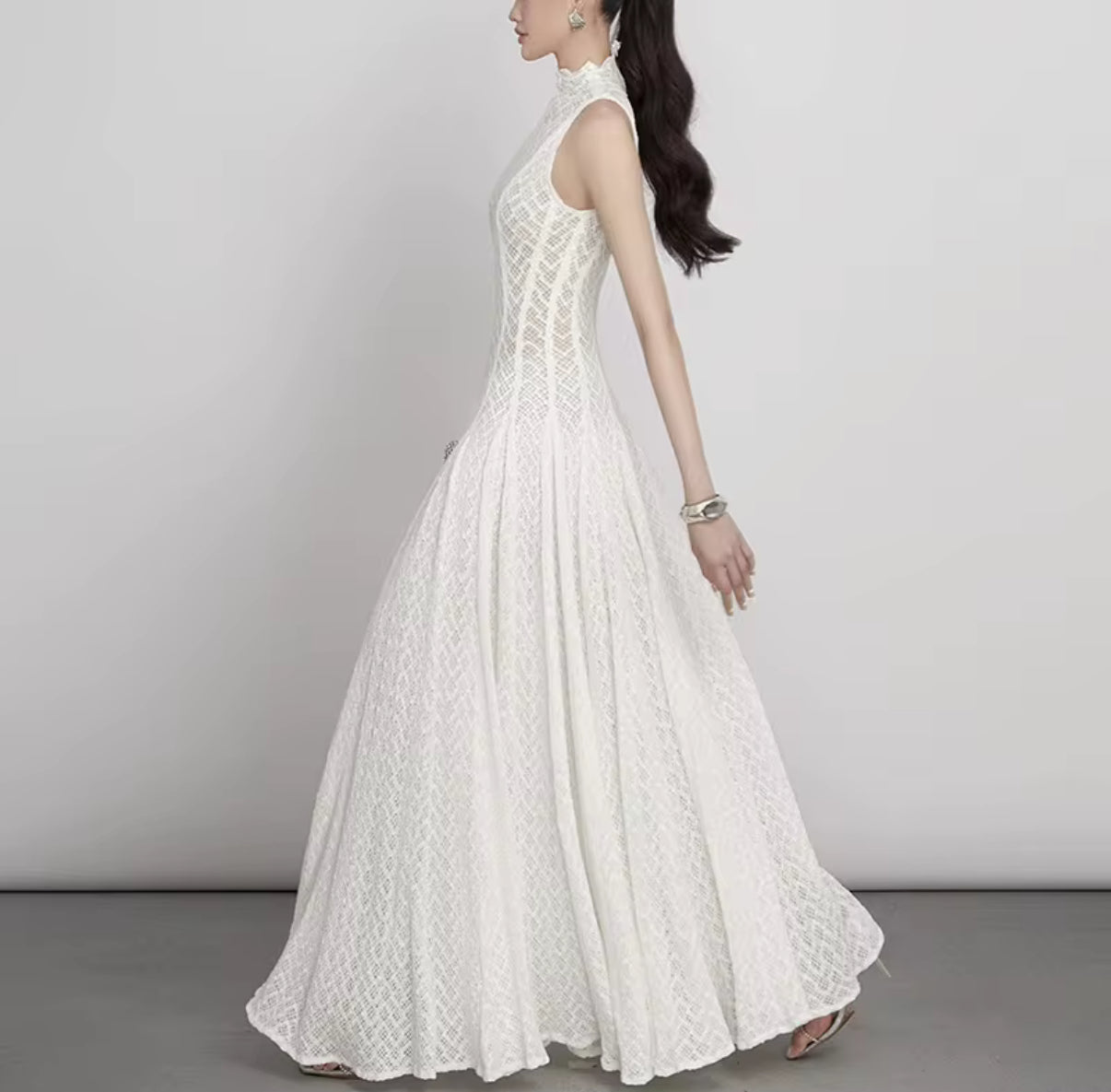 High-Neck Lace Dress with Sheer Illusion Detail