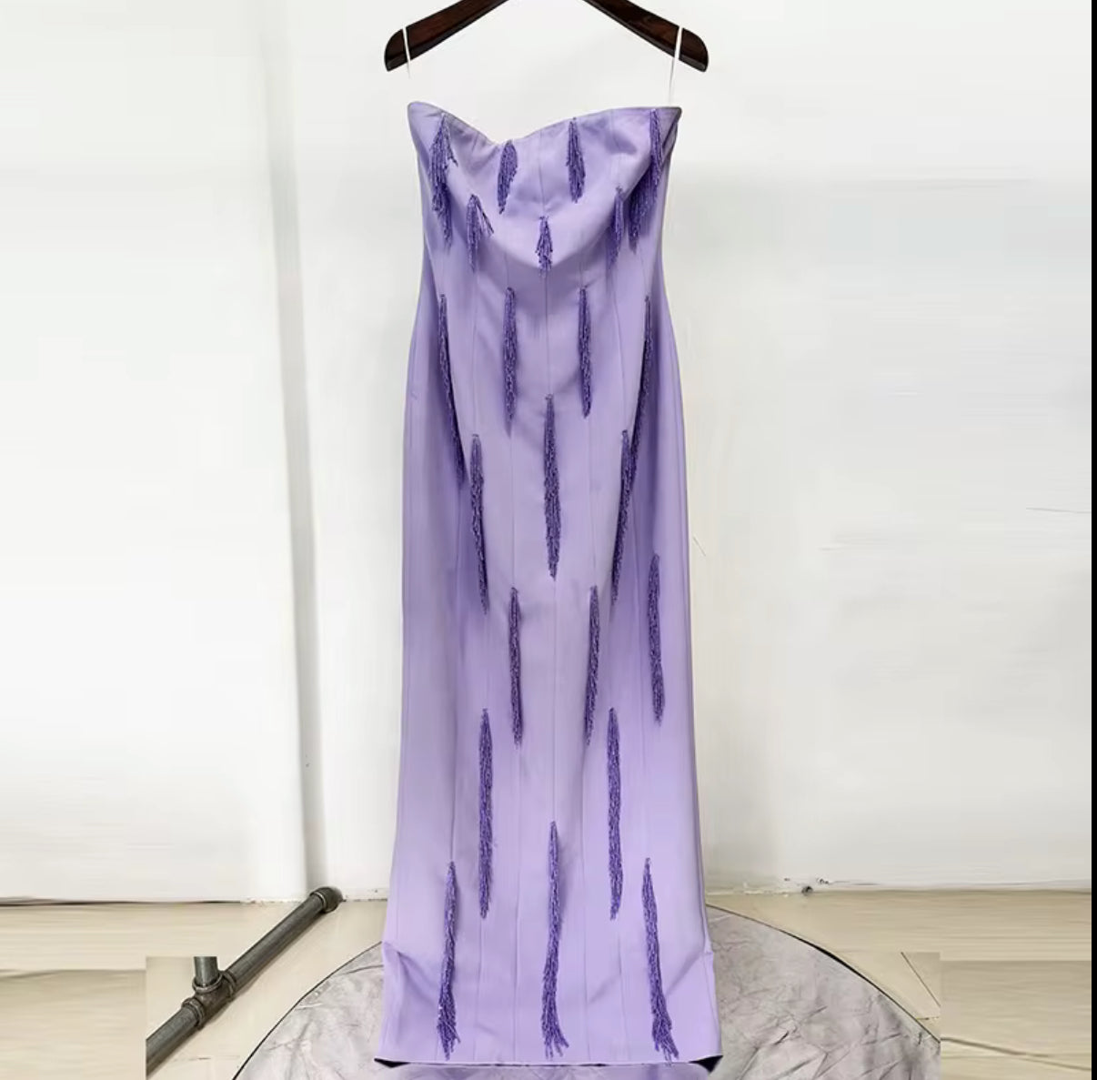 Lilac strapless evening dress with beaded detailing