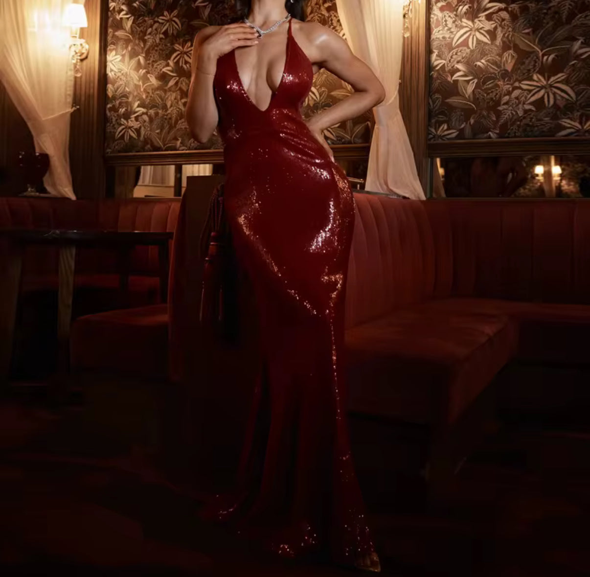 Red Halter Sequin Gown with Deep Plunge and Mermaid Hem