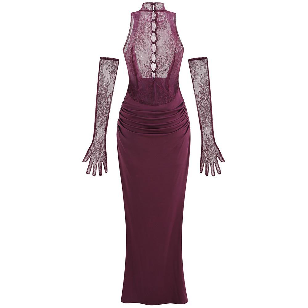 Lace Illusion Draped Halter Gown with Matching Gloves
