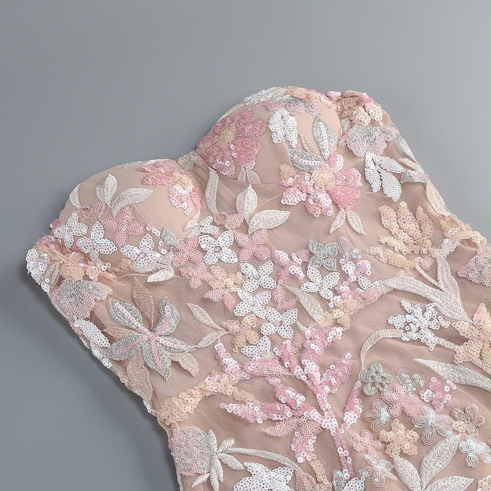 Pink Floral Embroidered Strapless Maxi Dress