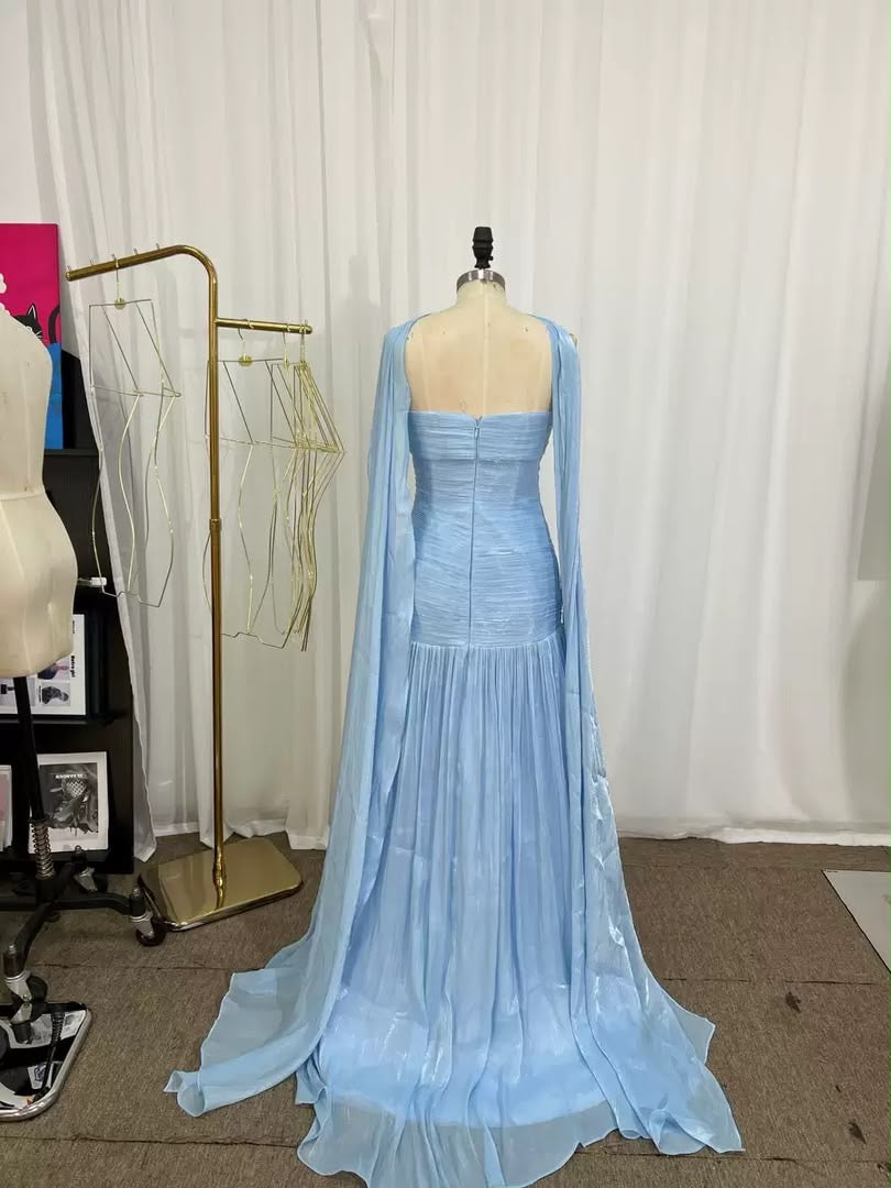 Blue Draped Strapless Cape Maxi Dress