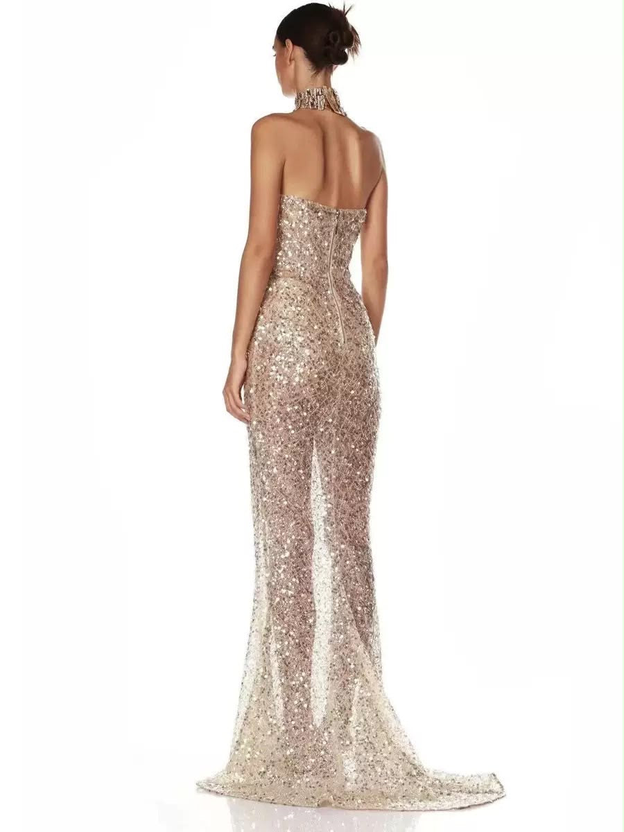 Champagne Sequin Strapless Maxi Dress