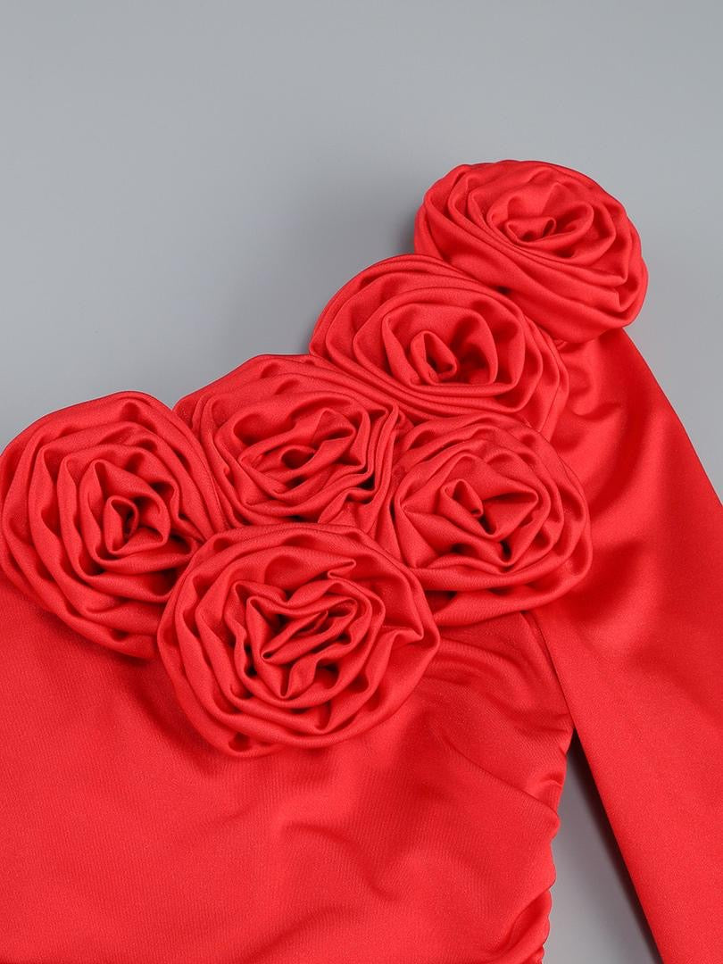 Red Crimson Rose One-Shoulder Sculpted Maxi Dress