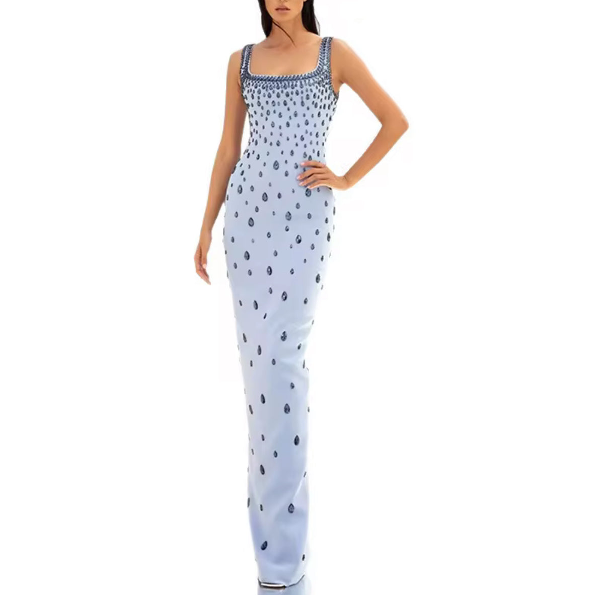 Powder blue teardrop crystal embellished long dress