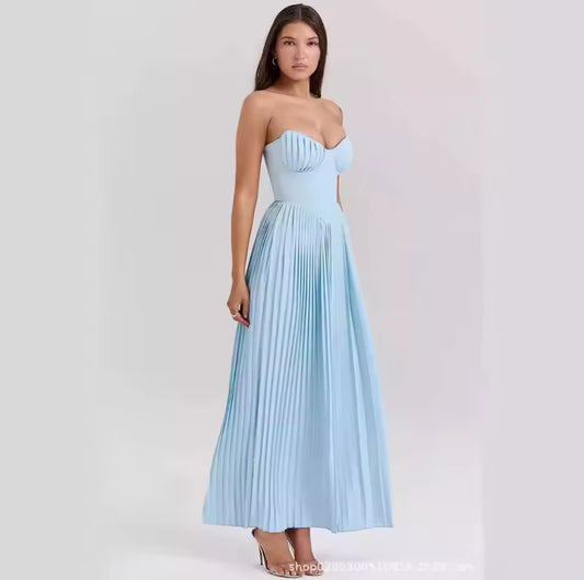 Strapless Baby Blue Pleated Maxi Dress