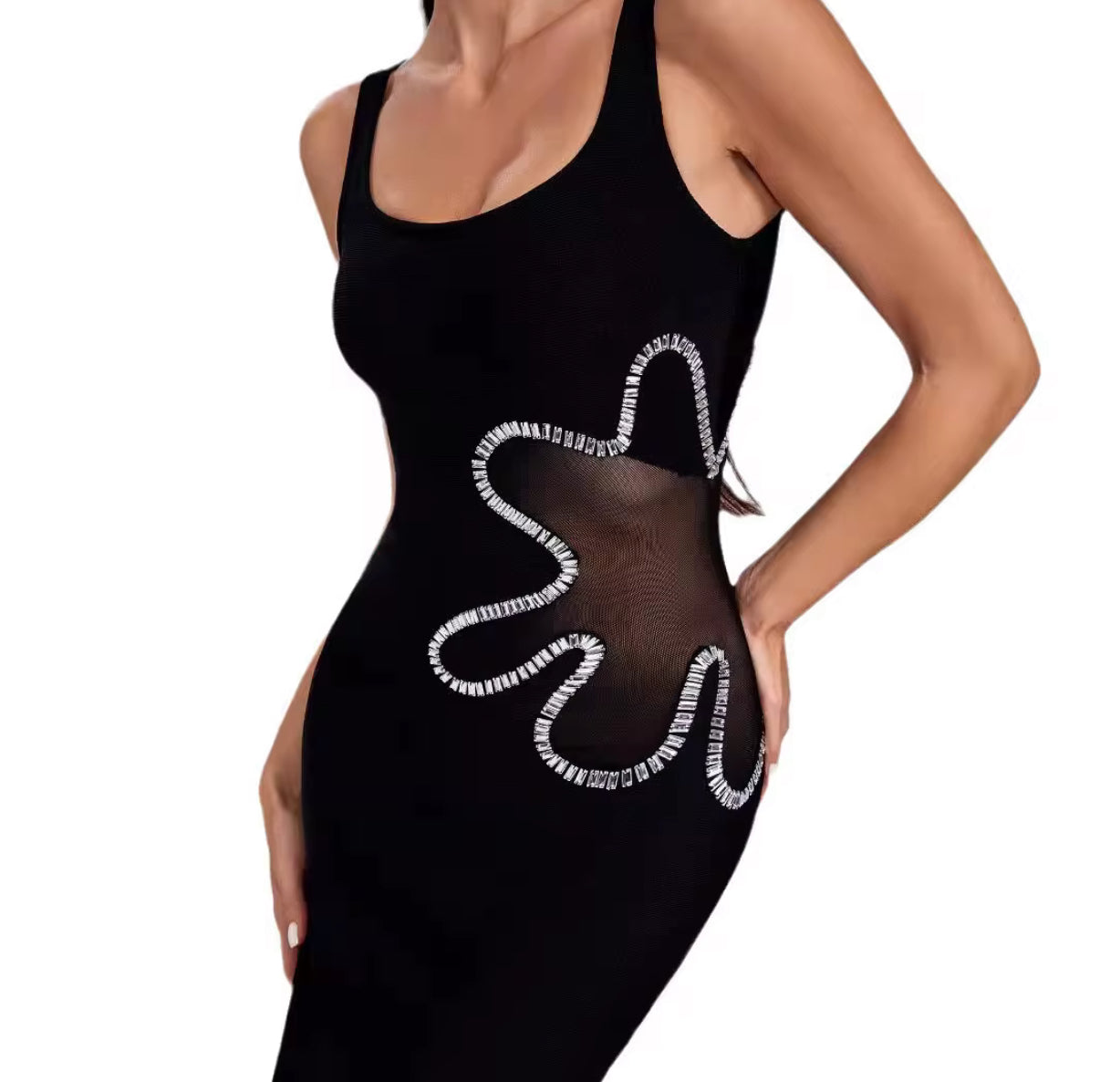 fitted maxi dress with crystal trim & sheer cut-out