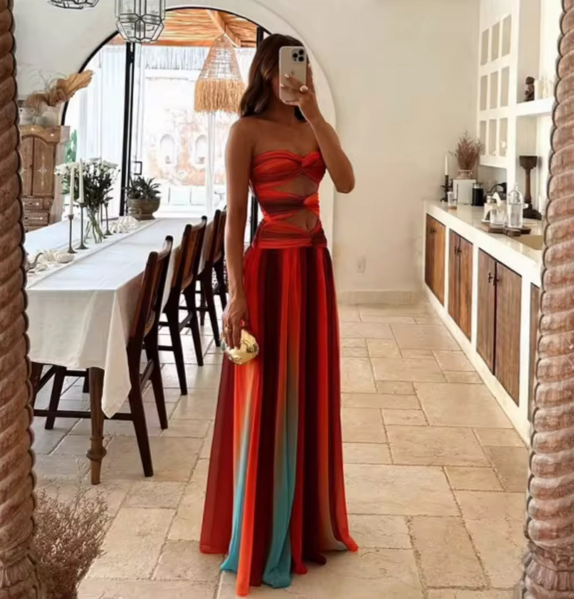 Rainbow-inspired strapless evening dress