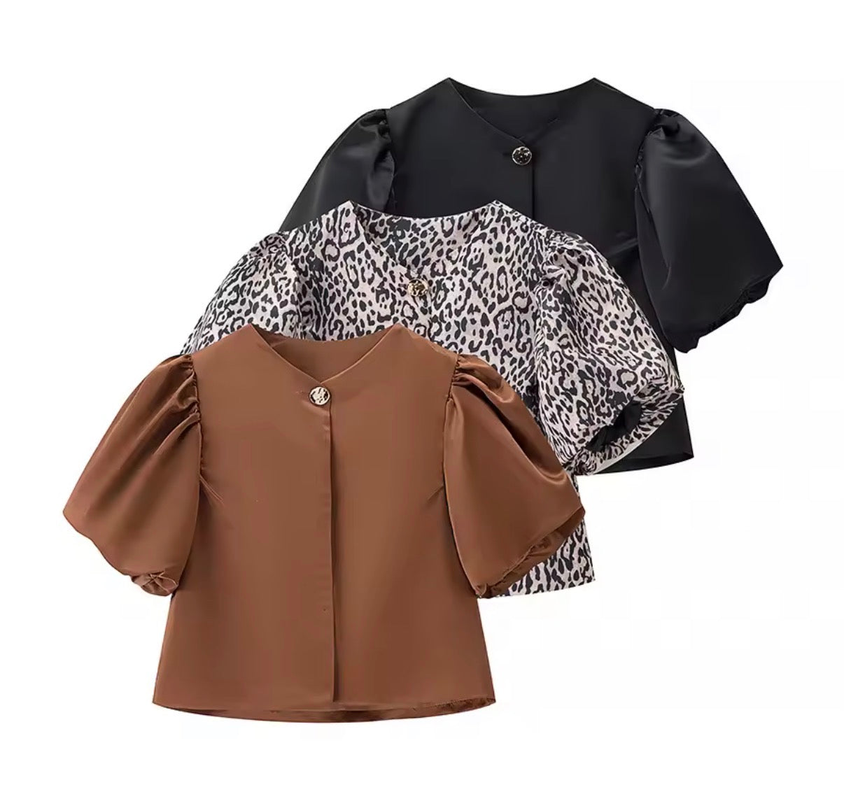 Puff Sleeve Button-Front Satin Top
