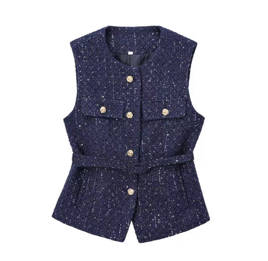 Textured Buttoned Belted Vest