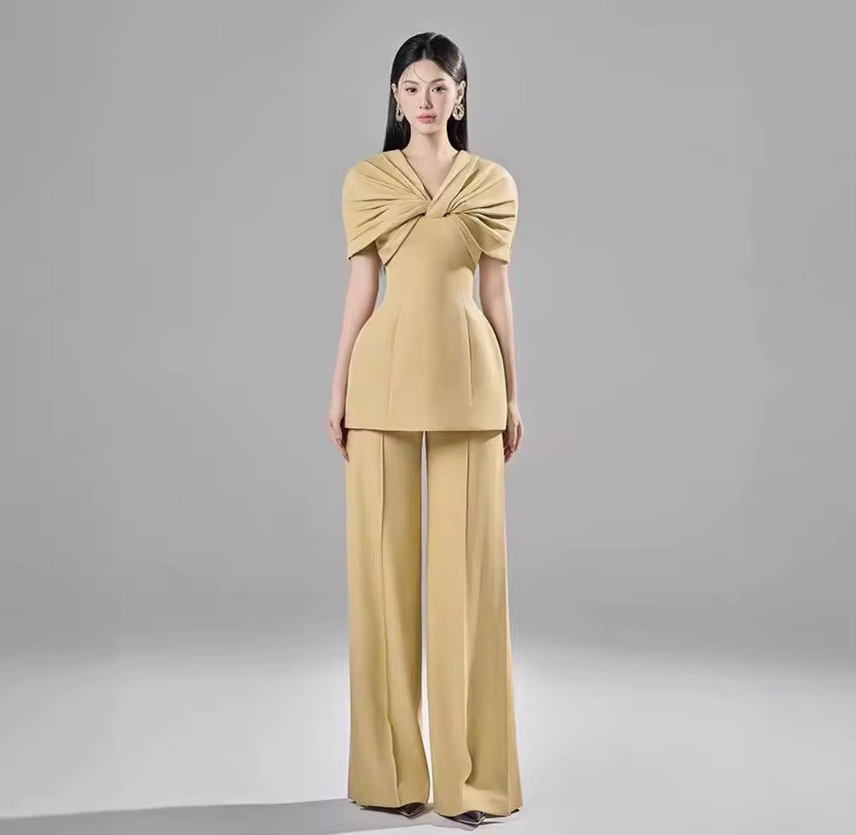 Golden Twist Drape Peplum Suit Set