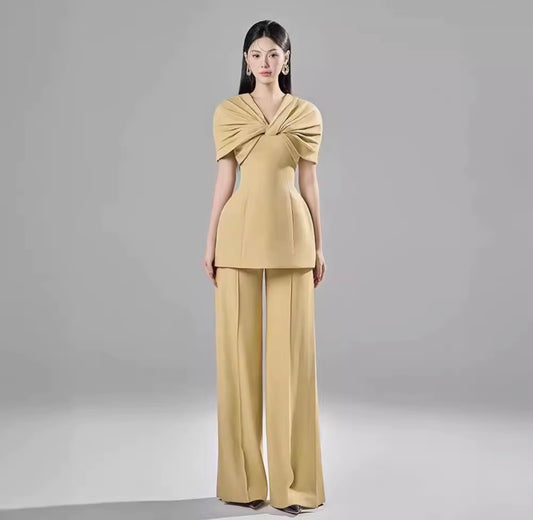 Golden Twist Drape Peplum Suit Set