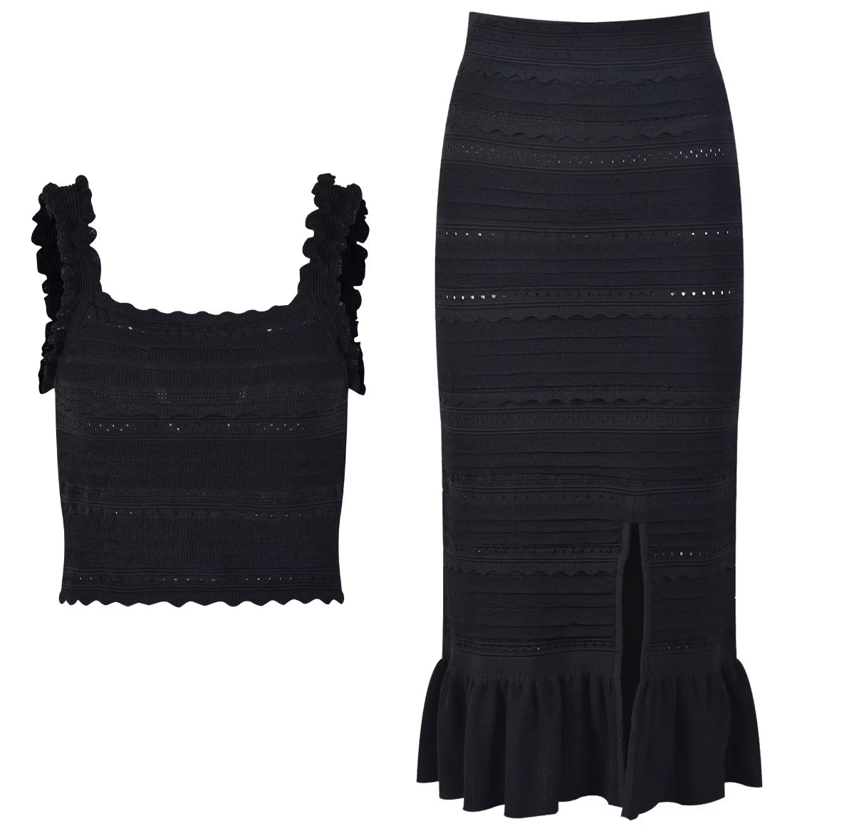 Black Crochet Crop Top & Midi Skirt Set