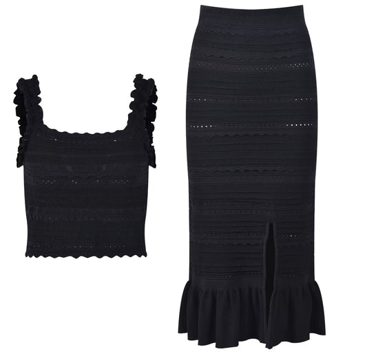Black Crochet Crop Top & Midi Skirt Set