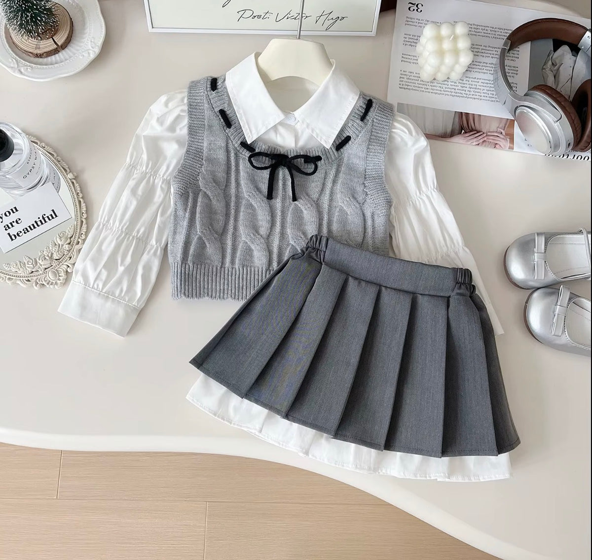 Preppy Grey Knit Vest Skirt Set