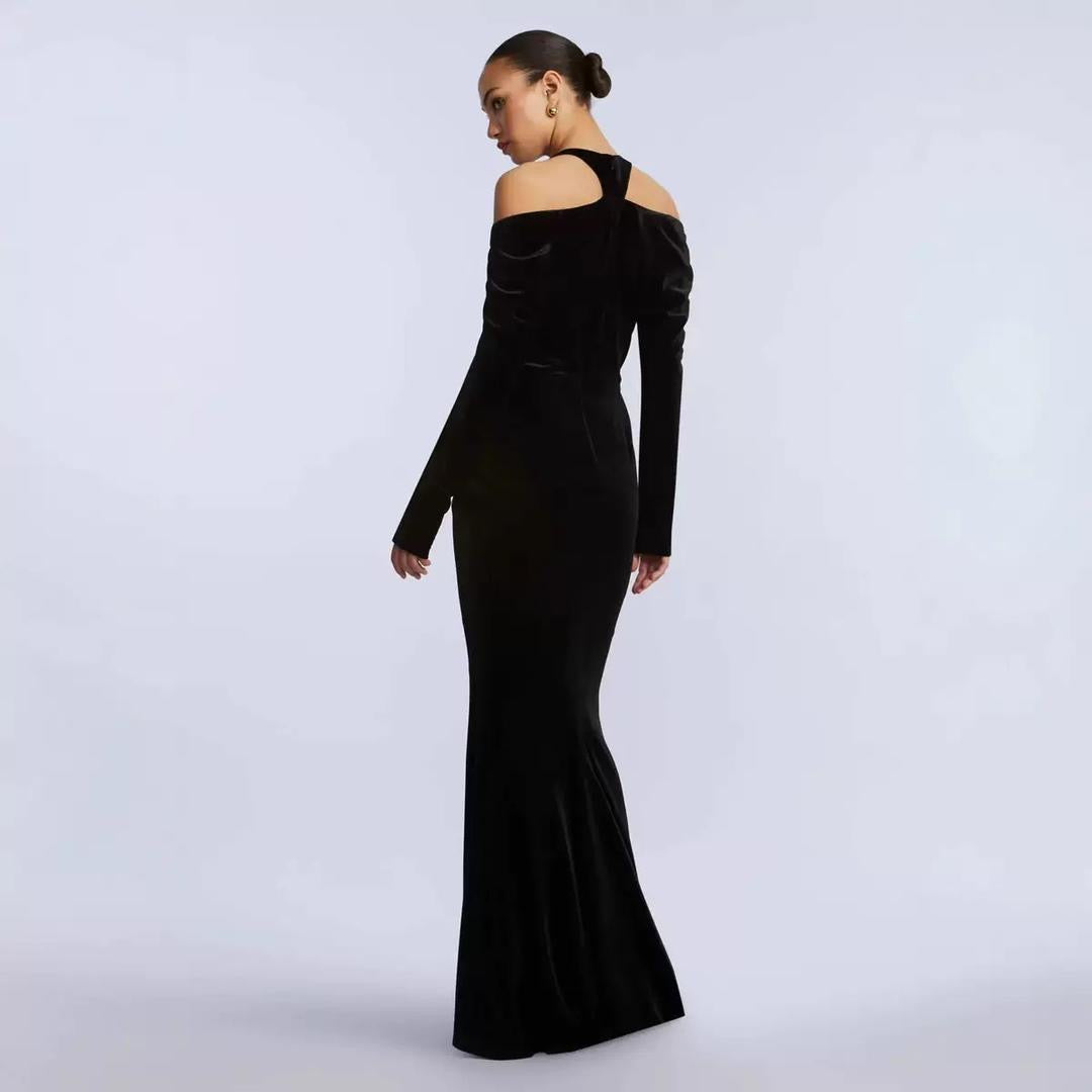 Cold Shoulder Velvet Maxi Dress
