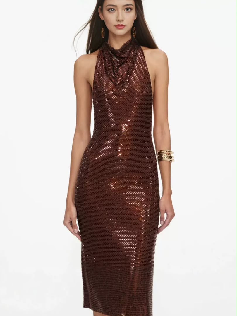 Chocolate Sequin Open-Back Halter Maxi Dress