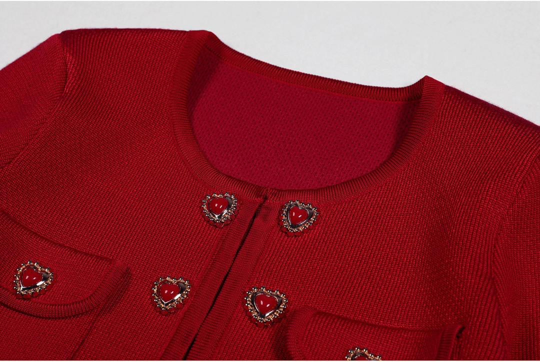Heart-Embellished Knit Cardigan & Pencil Skirt Set