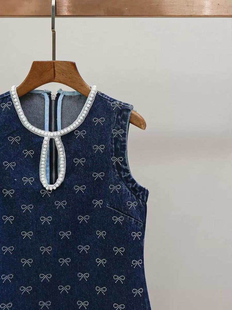 Crystal Bow Denim Mini Dress