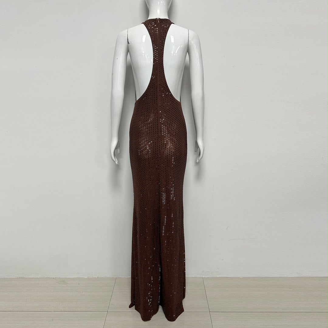 Chocolate Sequin Open-Back Halter Maxi Dress