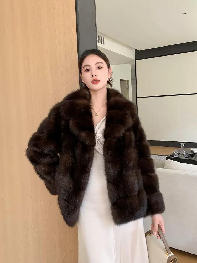 Chocolate Brown Faux Fur Coat with Oversized Collar