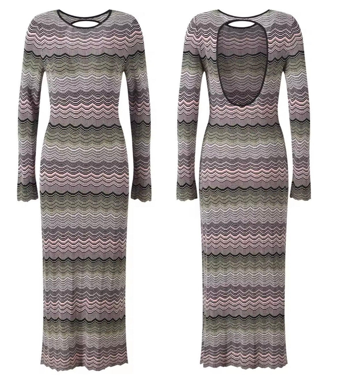 Open-Back Chevron Knit Maxi Dress