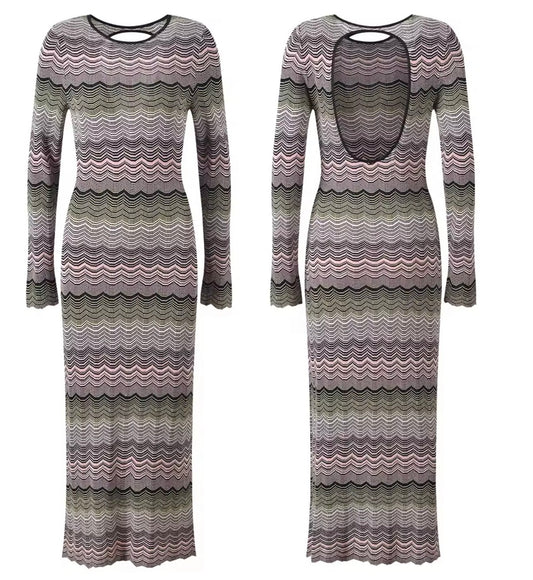 Open-Back Chevron Knit Maxi Dress