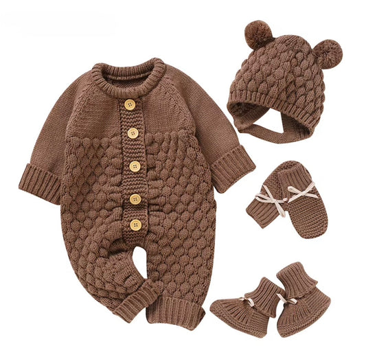 Baby Cable Knit Romper Set with Pom Pom Hat & Booties
