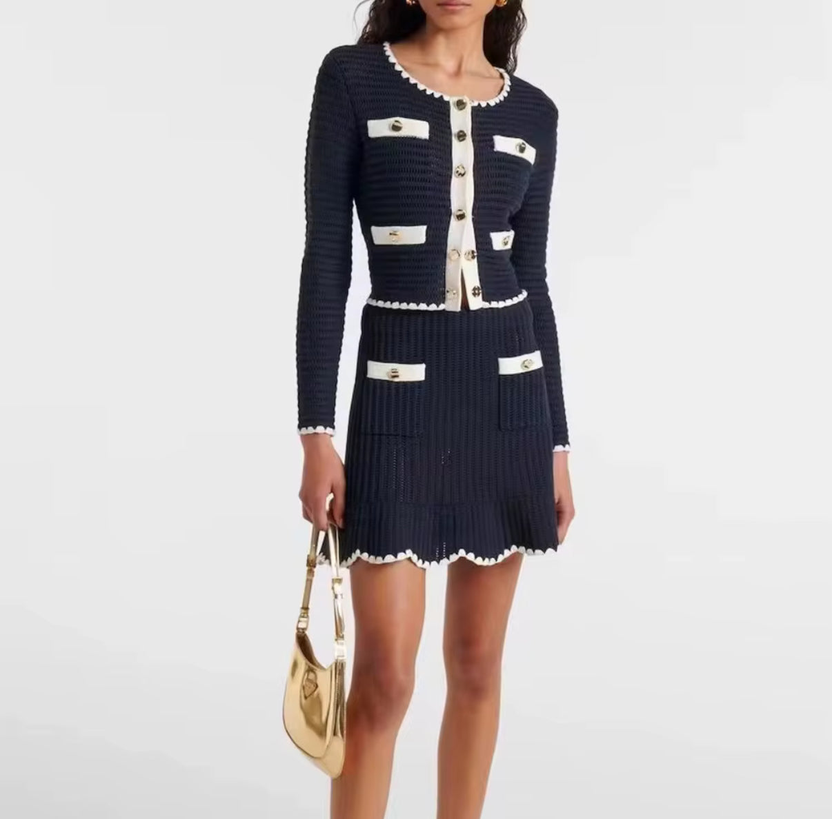 Button-Down Knit Cardigan with Matching Skirt