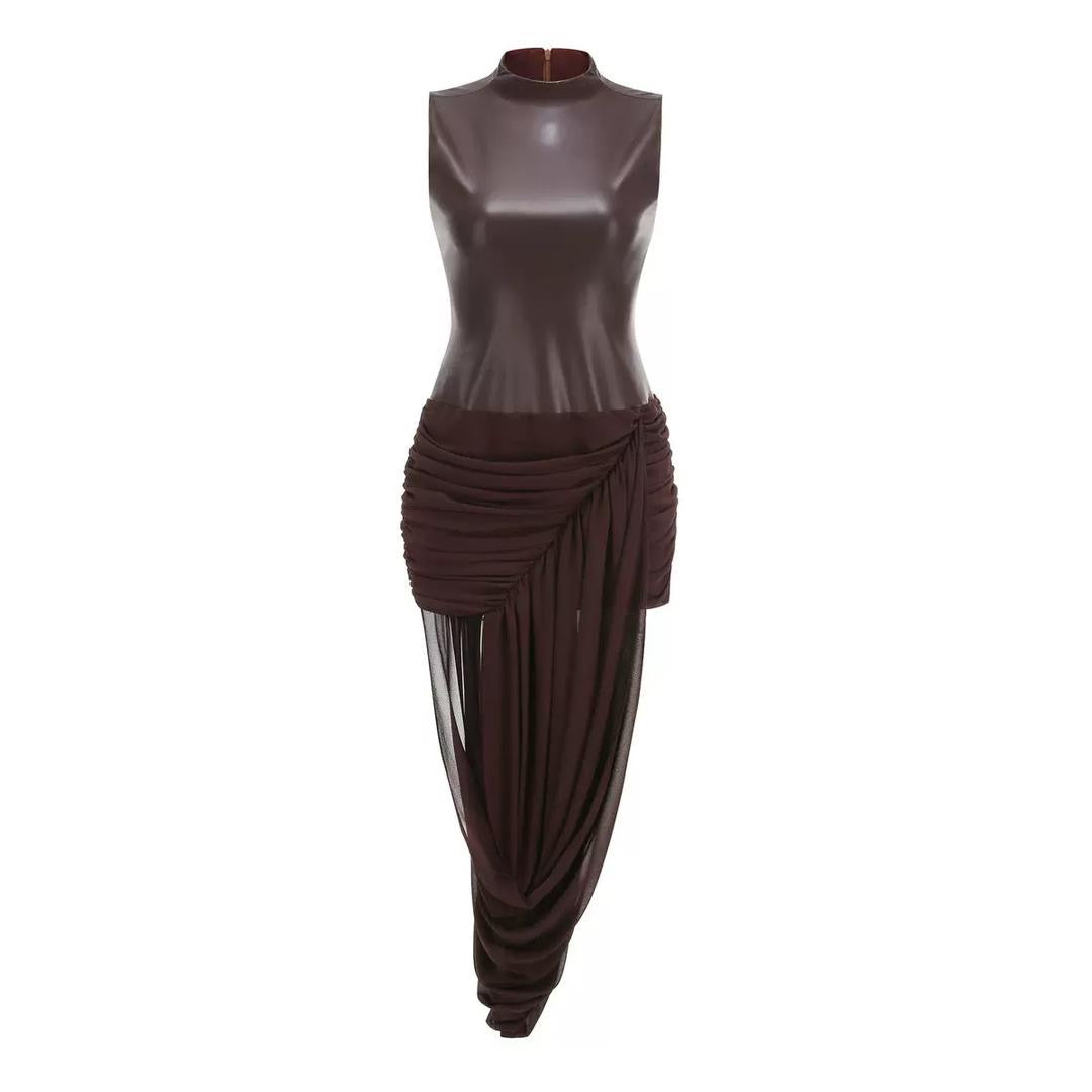 High Neck Leather Bodice Maxi Dress