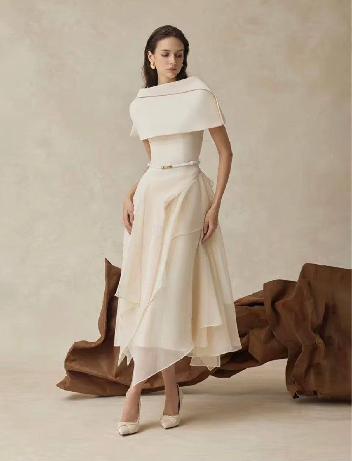 Ivory Grace Draped Cape Midi Dress