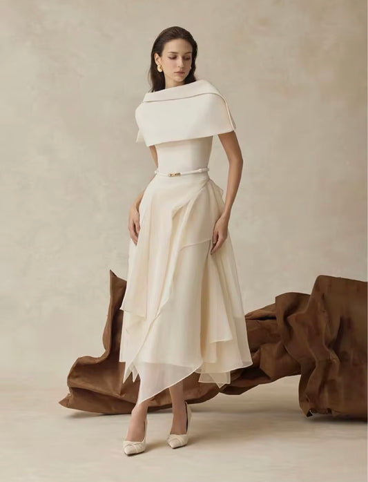 Ivory Grace Draped Cape Midi Dress